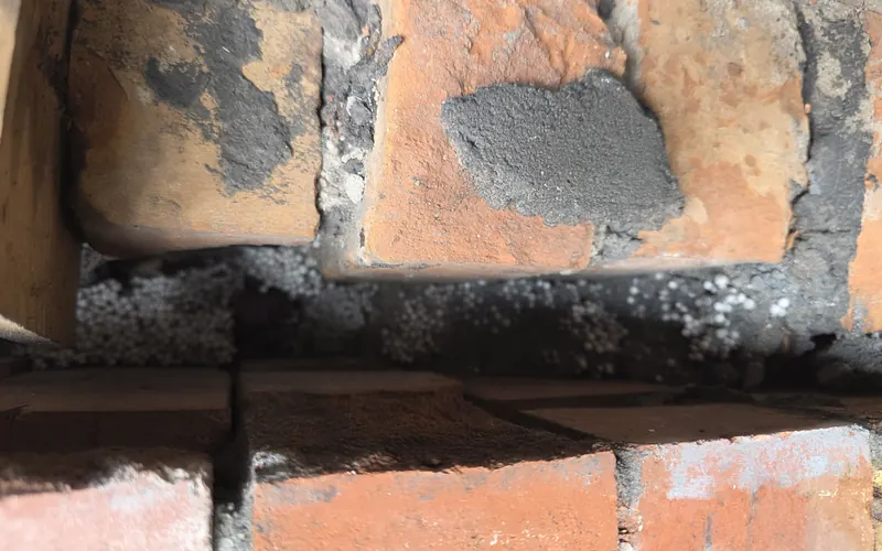 Wet, failed cavity wall insulation being drawn out of a brick cavity