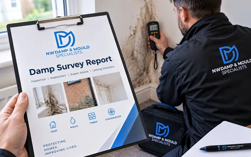 A printed NW Damp and Mould Specialists damp survey report held up in a damp-affected room