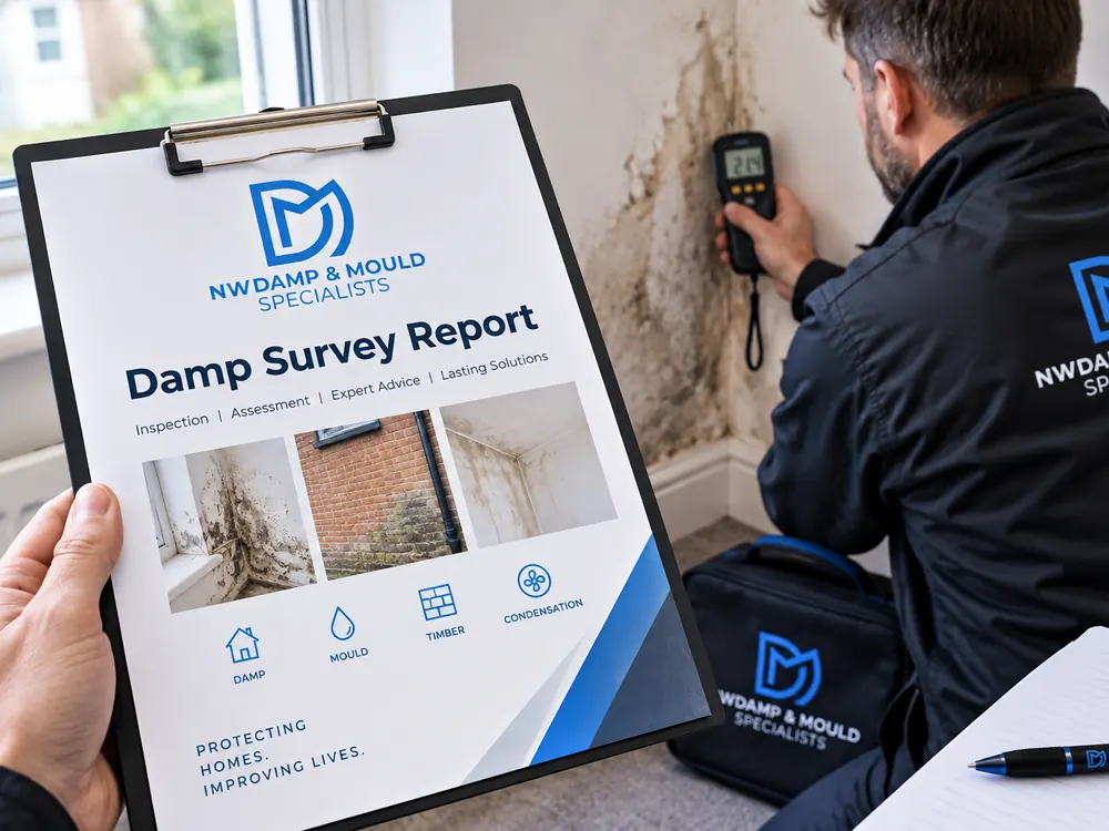 A printed NW Damp and Mould Specialists damp survey report on a clipboard, with a surveyor taking readings at a mouldy wall behind it