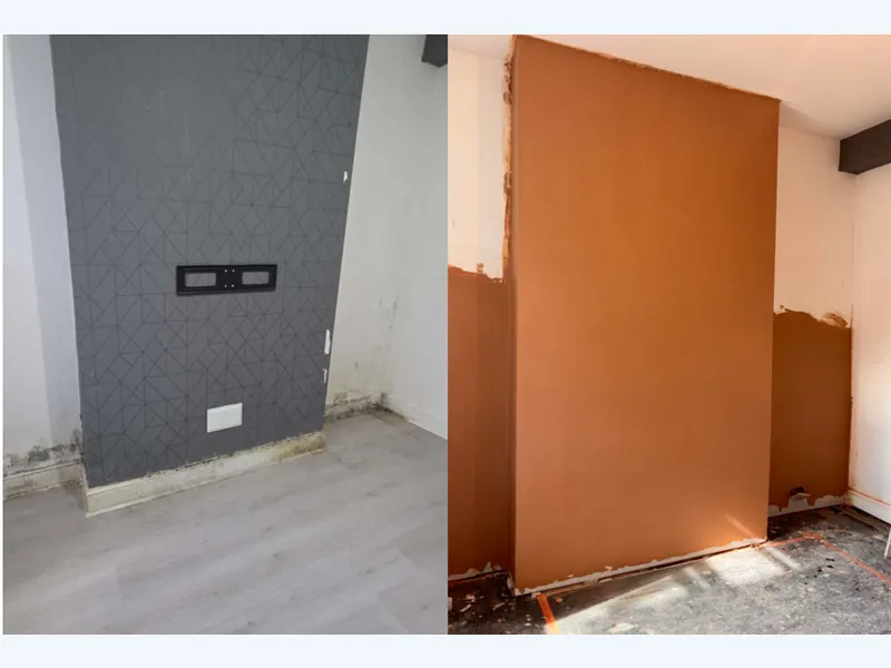A wall photographed before and after damp works, stripped back on the left and freshly plastered on the right