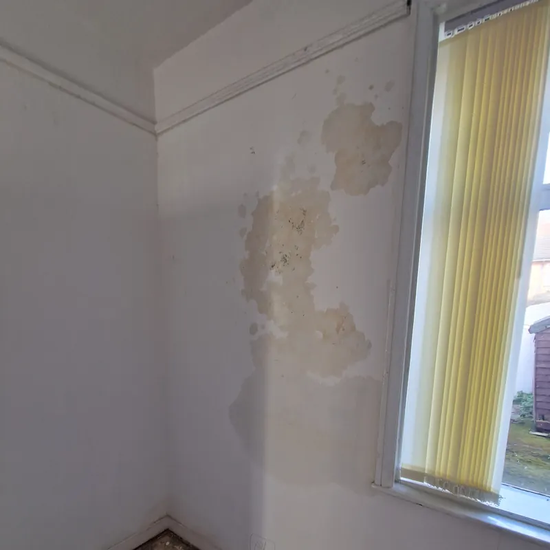 Paint blistering and lifting off a bedroom wall beside the window where rain has tracked through