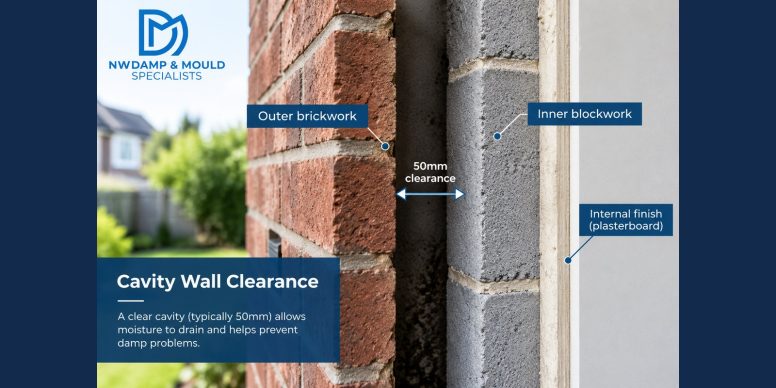 A cutaway diagram of a cavity wall labelling the outer brickwork, the 50mm clear cavity, the inner blockwork and the internal plasterboard finish.