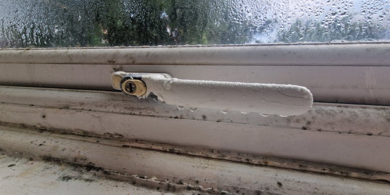 A window running with condensation, with black mould established along the frame and the sill below it.