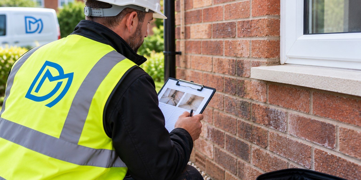 An NW Damp and Mould surveyor kneeling at an external brick wall, recording an inspection on a clipboard.